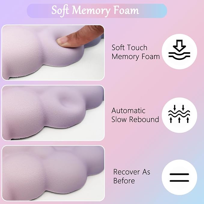 Cloud Mouse Pad Keyboard Wrist Rest 4PCS Extended Large Pink Sky Desk Mat Pad Set Memory Foam Non-Slip Cute Ergonomic Gaming Mouse Pad Wrist Support for Computer Laptop Home Office Pink Purple - Image 4