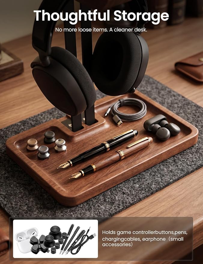 LOXP Wooden Headphone Holder, Solid Stand with Non-Slip and Storage Base | Anti-Rust Gravity Arm, Hardwood Earphone Hanger for Desk, Universal Fit for Gaming Headsets, Studio Headphones - Image 3