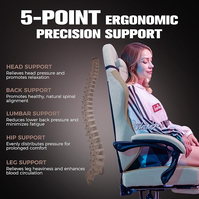 GTPLAYER Gaming Chair, Ergonomic Computer Chair with Footrest and Lumbar Support, High Back Recliner Chair 350lbs, Height Adjustable for Home Office, Light Brown - Image 4