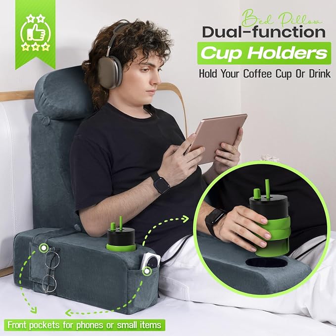 19 INCH Reading Pillow for Adults, Back Pillow for Bed Sitting Up, Backrest Pillow for Sitting in Bed, Detachable Arms with Built-in Cup & Phone Caddy (Dark Gray, 19 INCH) - Image 3