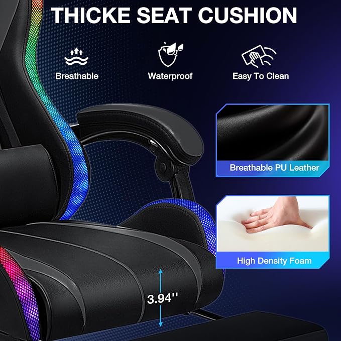 RGB Gaming Chair with LED Lights Massage Ergonomic Computer Chairs-Grey | High Back Video Game Chair with Footrest & Adjustable Lumbar Support Gamer Chairs for Adults Racing Style Recline - Image 7