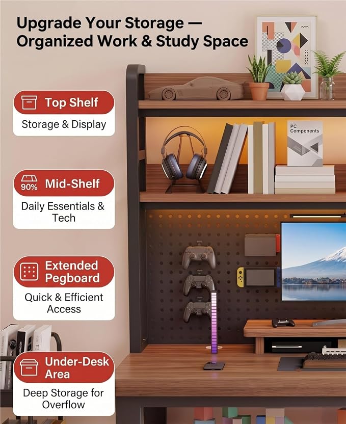 47in Gaming Desk with Pegboard and Hutch Computer Workstation | Optimize Your Space with This Study Table. Features A Steel Frame, Vertical Hutch, and Storage Shelves.(B,80CM/31.4IN) - Image 3