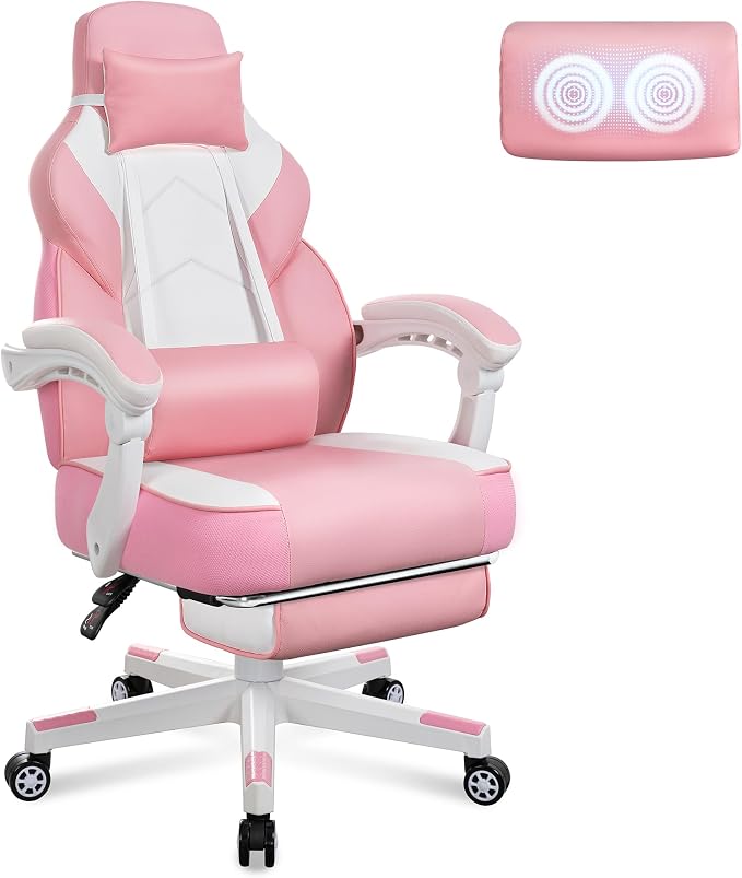 Big and Tall Gaming Chair for Adults, 330lbs Heavy Duty Computer Chair with Footrest & Massage Lumbar Support, Wide Seat High Back Reclining Desk Chair, 360° Swivel, Pink by Meilocar