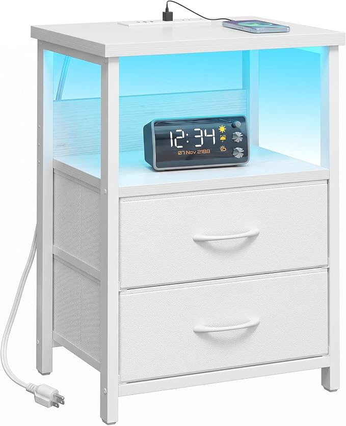 Fixwal Night Stand with Charging Station, White Led Nightstand, 2 Drawers by Fixwal