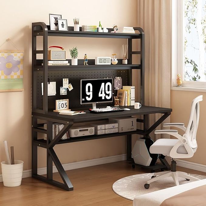 Multi-Functional Gaming Desk with Pegboard, Large Computer Desk with Storage Shelves Home Office Desk Study Writing Workstation(100x60x171cm, Black) by Unknown