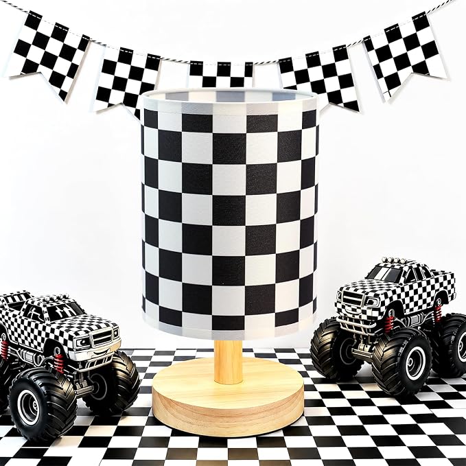 Checkered Bedside Lamp for Boys' Bedroom Kids, Bedside Lamp with Linen Wooden Nightstand, Checkered Lampshade Nursery Decor by MASTRON