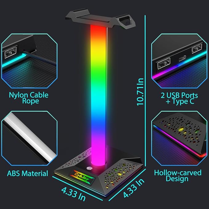 Gaming Headphone Stand PC Accessories - RGB Headset Stand with 2 USB and 1 Type-C Ports, LED Headphone Stand Gift for Boys Men, Computer Game Accessories for Desk - Image 5