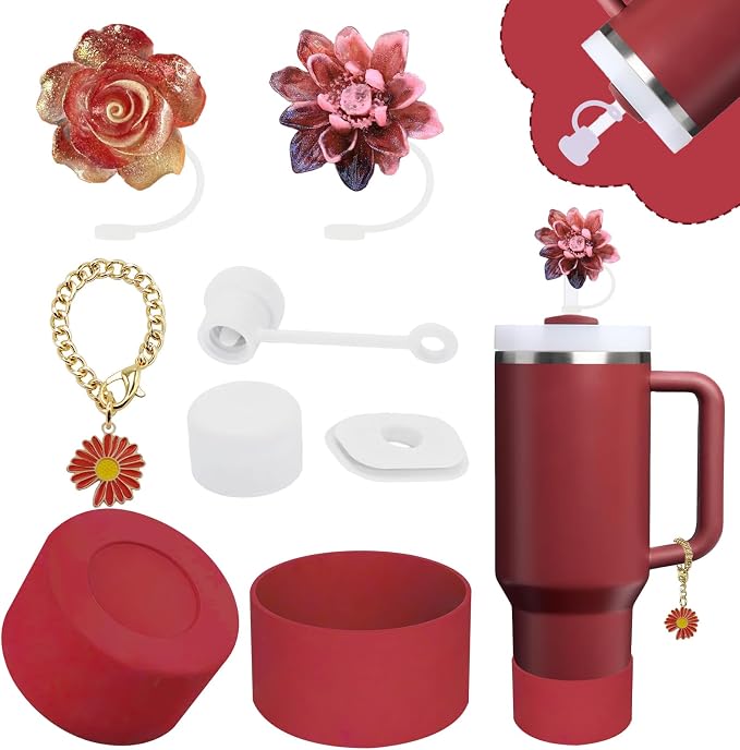 Stanley Cup Accessories Set,Including 2 Pcs 0.4in Straw Cover, 1 Silicone Spill-Proof Stopper Set of 3, 1 Cute Flower Handle Charm, 1 Silicone Boot Fits Stanley 40&30 Oz Tumbler (Cranberry) by Vikgle