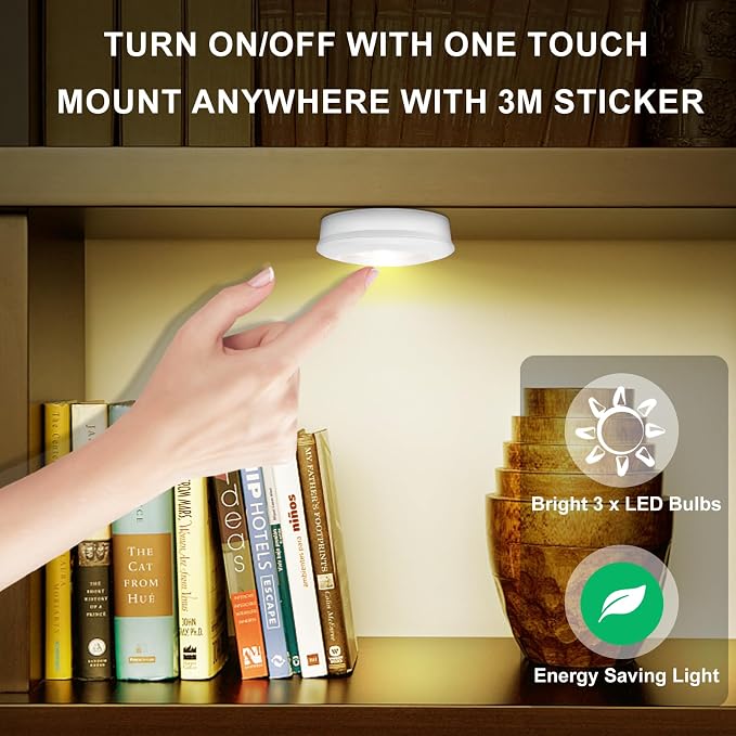 LUXSWAY LED Puck Light, Ultra-Thin Touch Light, Battery Operated, Tap Lights, 60 Lumens, Stick on Lights, Under Cabinet Lighting, Ideal for Kitchen Cabinets, Closets, Garage and More, 3-Pack, White - Image 2