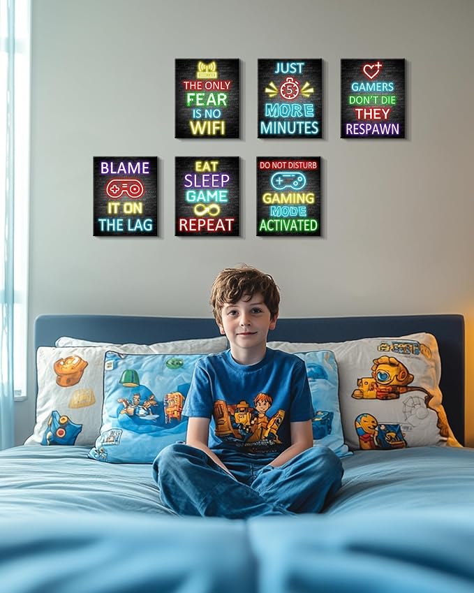 Video Gamer Room Decor for Teen Boys Gaming Wall Art Gamer Neon Sign Teenage Bedroom Decor Ready to Hang Set of 6, 8x10in (Black Framed) - Image 4
