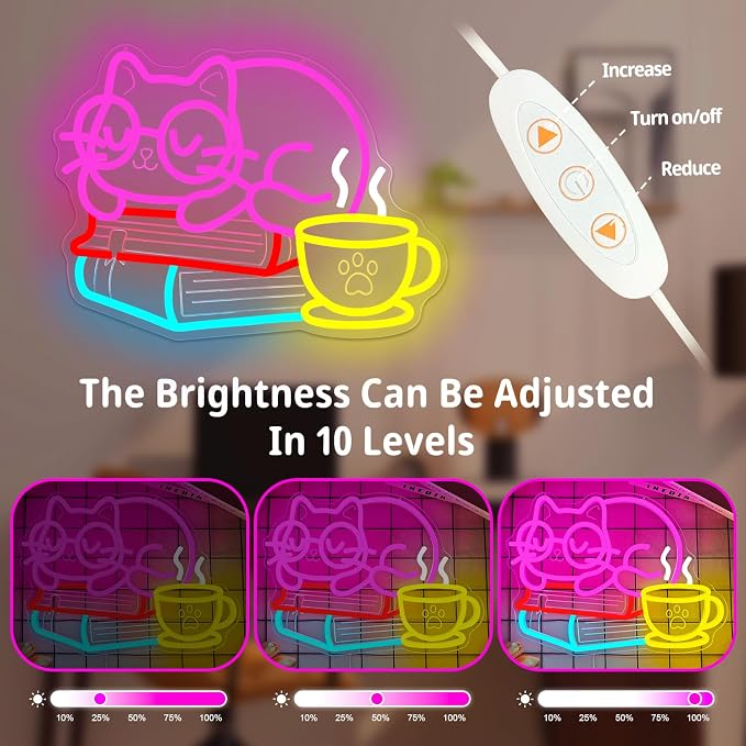 Cat Reading Neon Sign Kawaii Kitten with Glasses On Books with Coffee Neon Lights Dimmable Light Up Sign for Classroom Library Reading Corner Led Wall Art - Image 3