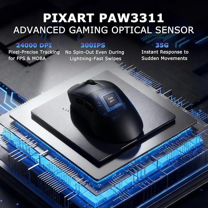 AJ179 V2 Wireless Gaming Mouse, Tri-Mode 2.4G/Bluetooth/Wired, 800mAh Battery Inside a 61g Ultra-Light Shell, 24000 DPI, 6 Programmable Buttons, Right-Handed Ergonomic, On-Board Memory – Black - Image 6