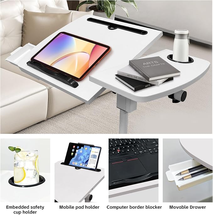 Overbed Table with Wheels Adjustable Height, Tiltable Desktop with Tray, Over Bed Table Rolling Bedside Tables, Medical Mobile Standing Desk, for Hospital Office Bedroom Sofa, White - Image 6