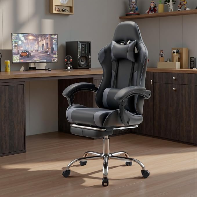 DUMOS Ergonomic Gaming Chair with Footrest, Home Office Desk Chair | PU Leather, Headrest, Linkage Armrests, Height Adjustable, 360 Swivel Reclining, Black Grey - Image 2