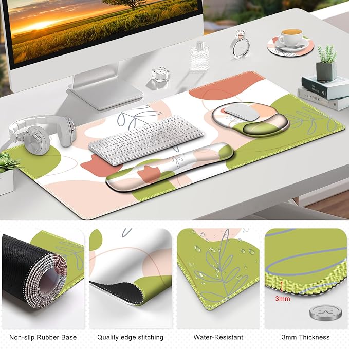 Gaming Mouse Pad, Large Desk Mat, Cute Desk Pad Protector, 4 in1 XXL Mousepad + Keyboard Wrist Rest+Mouse Wrist Rest+Coaster Set with Ergonomic Desk Pad for Home Office Table Computer Pink Rose - Image 9