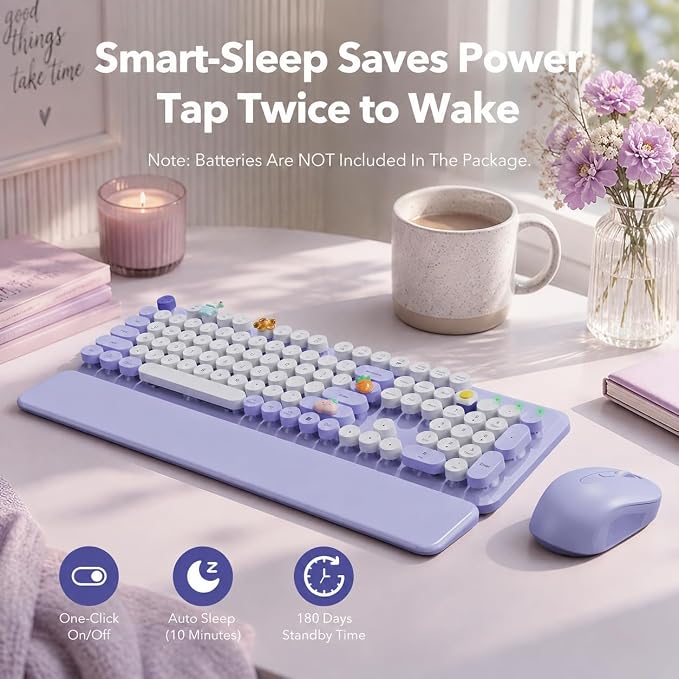 Wireless Keyboard and Mouse, Round Keycaps, Magnetic Wrist Rest, Purple - Image 5