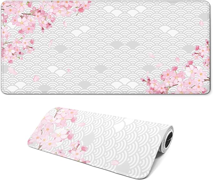 Gaming Mouse Pad with Anti-Slip Rubber Base, Extended Large Computer Mouse Mat with Stitched Edges, Long XL Anime Mousepad for Laptop and Keyboard, 31.5 x 11.8 inch (Grey Cherry Blossom) by Unknown