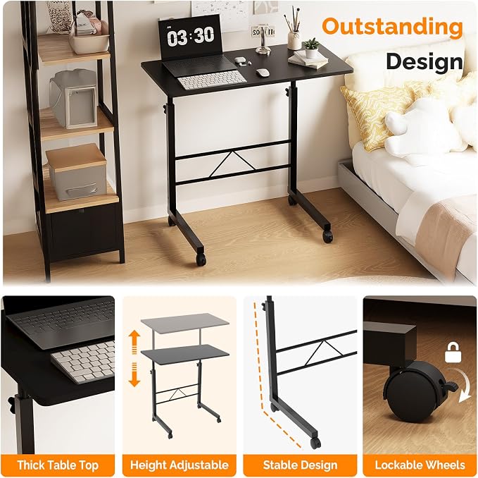 FCH Computer Workstation, Standing Desk Adjustable Height, Small Computer Desk w/Rolling, Sit Stand Laptop Desk TV Tray Computer Workstation for Bed Sofa Hospital Reading Eating, 31.5", Black - Image 4