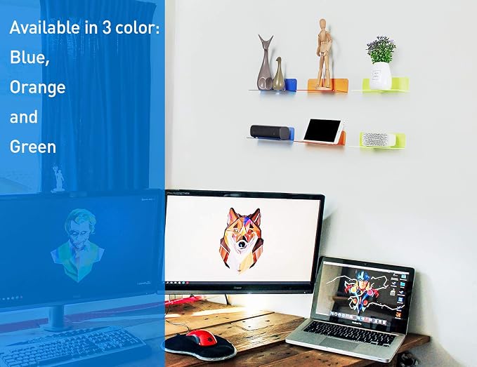 OAPRIRE Small Floating Wall Shelves Set of 2 - Personalize&Easily Expand Wall Space - 9 Inch Acrylic Wall Shelf for Bedroom, Gaming Room, Living Room, Bathroom, Office, with Cable Clips - Clear Blue - Image 4