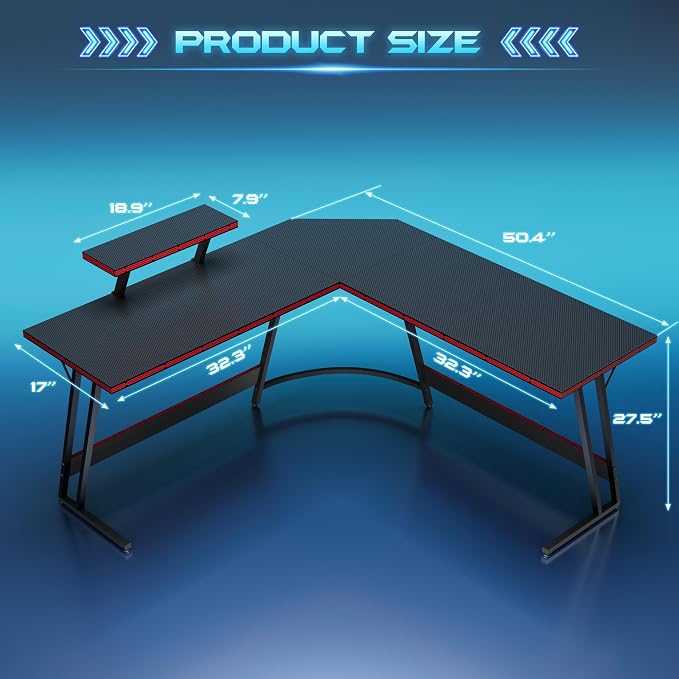 Homall L Shaped Gaming Desk Computer Corner Desk PC Gaming Desk Table | with Large Monitor Riser Stand for Home Office Sturdy Writing Workstation (Black, 51 Inch) - Image 3
