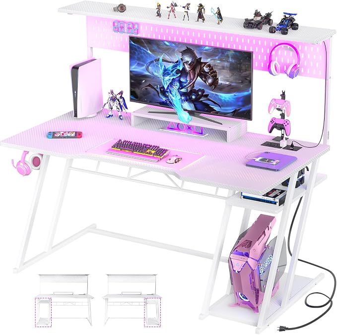 Armocity 53'' White Gaming Desk with Hutch and LED Lights, Gaming Computer Desk with Storage Shelves & Z-Shaped Legs, Reversible PC Game Desk with Pegboard for Bedroom, Carbon Fiber Surface by Armocity