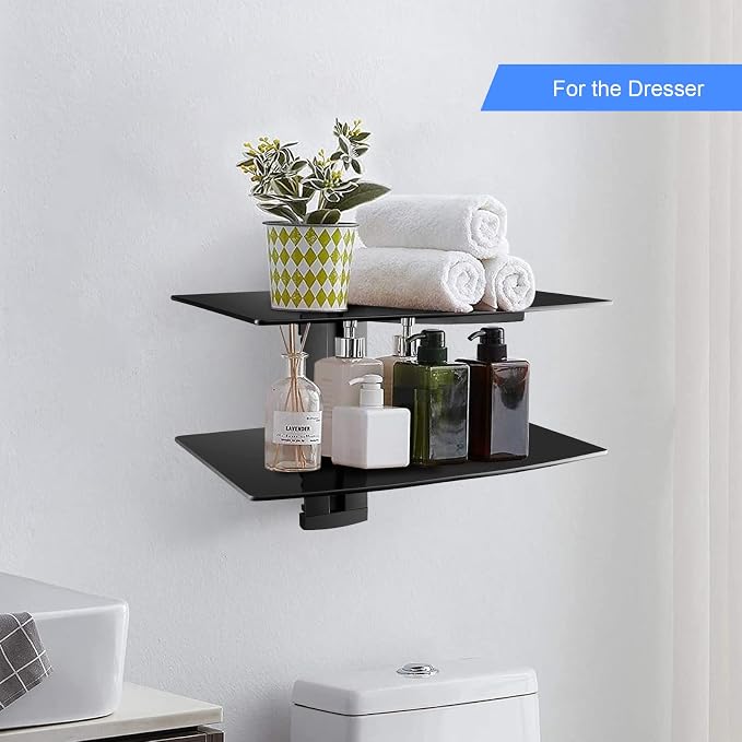 Suptek Glass Floating Shelves, TV Wall Mount with Shelf for DVD Player / PS4 / Cable Boxes/Game Consoles/Sky Box/TV Accessories, Flat Black 2-Tier Wall Mount Bracket - Image 6