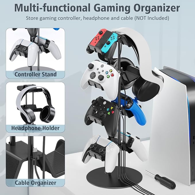 Kytok Controller Stand 4 Tiers with Cable Organizer for Desk, Universal Headphone Stand Compatible with Xbox PS5 PS4 Console Nintendo Switch, Headset Holder & Desk Mounts for 8 Packs Controller - Image 2