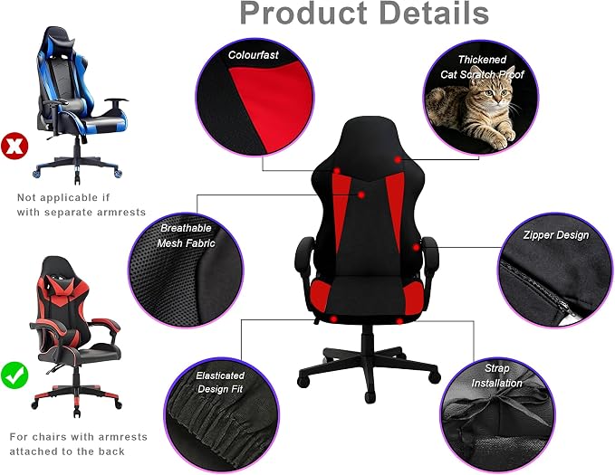 Gaming Chair Covers Only,Stretchable Fit Thick Breathable Mesh | Cat Scratch Proof,Scratch Resistant,Soft,Gaming Chair Seat Cover with 2Pcs Armrest Slipcovers(Black-red,Style 1) - Image 6