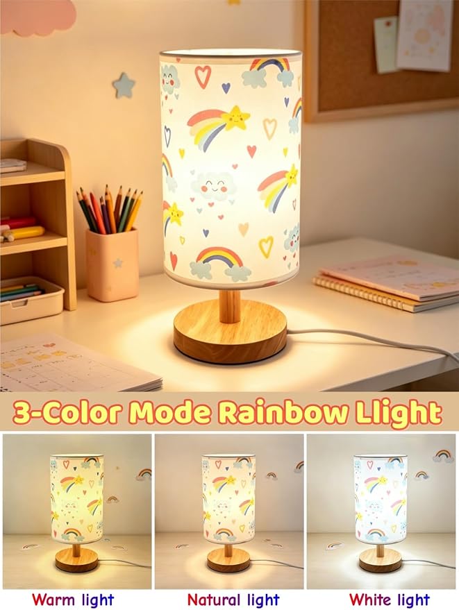Rainbow Lamp for Girls Bedroom Bedside Table Lamps 3 Color Modes Kids Nightstand Night Light Lamp, Flaxen Fabric Shade Reading Desk Lamp for Nursery Living Room Office Rainbow Decor Gifts for Girls - Image 2