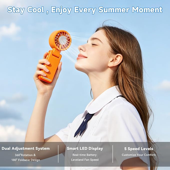 Handheld Portable Turbo Fan with Ice Cooling,5 Speed Rechargeable LED Display Foldable Hand Held Personal Clip/Neck/Waist Fan,180°& 360° Adjustable,Pocket Mini Fan for Outdoor/Home/Office (Orange) - Image 6