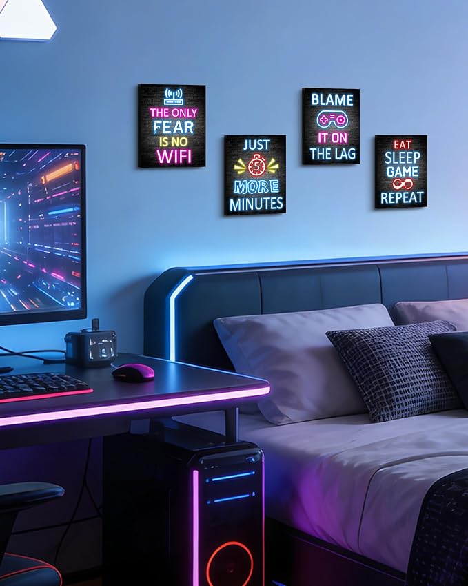 KUVIOKE Video Gamer Room Neon Decor for Teen Boys Gaming Wall Art Gamer Signs Teenage Bedroom Decor Set of 4, 8x10in (Framed) - Image 4