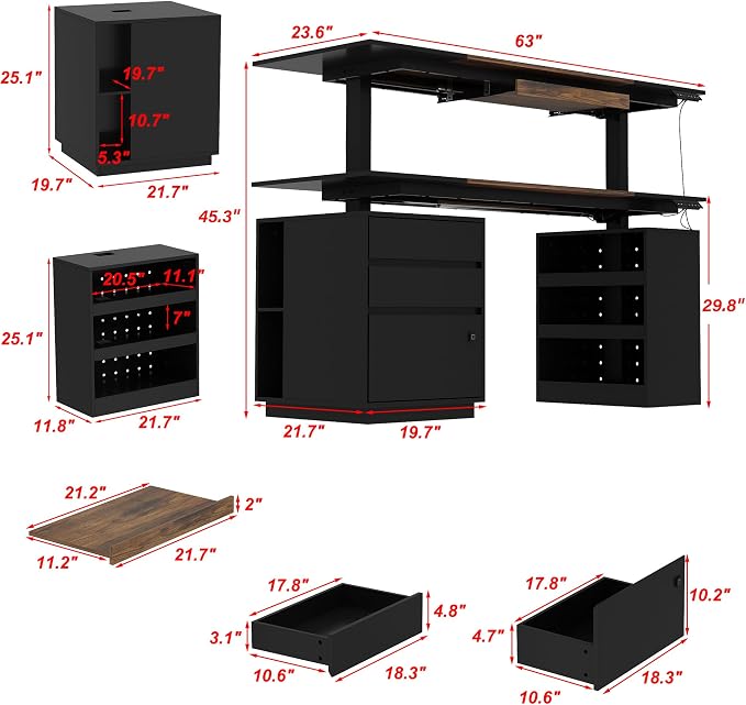 63" Electric Standing Desk with Lockable Drawer, Pegboard and Keyboard Tray, Height Adjustable Stand up Desk with File Cabinet & Shelves, Home Office Computer Gaming Table, Black - Image 2