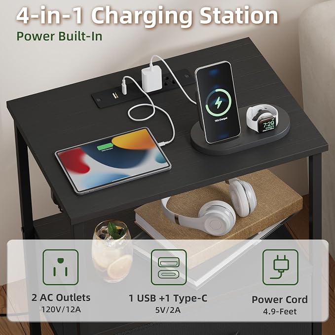Somdot Nightstand with Charging Station & LED Light, Bedroom Bedside Table - Image 5