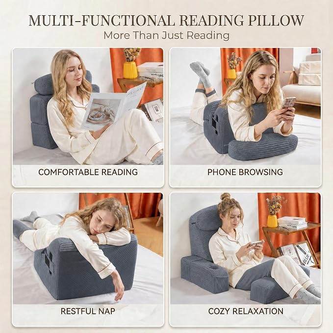 Reading Pillow for Adults, Back Pillow for Bed Sitting Up, Backrest Pillow for Sitting in Bed, Detachable Arms with Built-in Cup & Phone Caddy (Dark Gray-Corduroy, 19 INCH) - Image 7