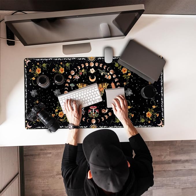Moth Desk Pad Mushroom Phase Moon Phase Desk Mat, Boho Flowers and Leaves Computer Big Mouse Pad Washable Cloth Non-Slip Rubber Base Keyboard Pad Mouse Mat for Office with Stitched Eges 31.5x15.7 in - Image 7