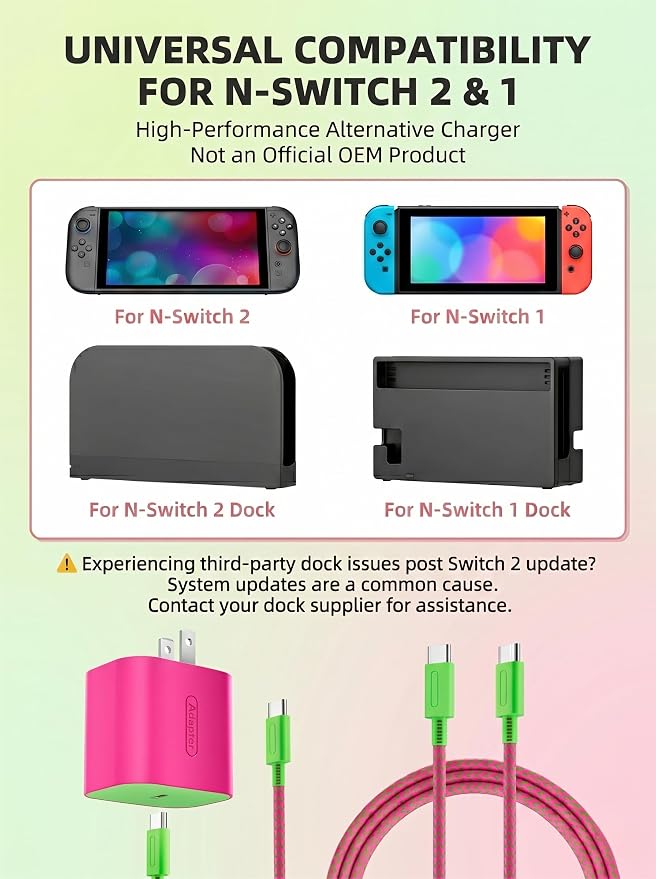 TPC 60W Charger for Nintendo Switch 2, 20V 3A AC Adapter Fast Charging with 6.6FT Braided USB-C Cord, Compatible with Switch 1, Lite, OLED, Steam Deck, Support 4K TV Mode (Magenta & Green) - Image 2