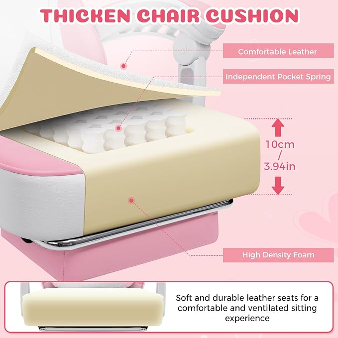 Pink Gaming Chair for Girls Cute Massage Computer Chair with Cat Ears | Cute Computer Office Chair Ergonomic Reclining Gamer Chair with Footrest Lumbar Support PC Game Chairs for Women Adults - Image 6