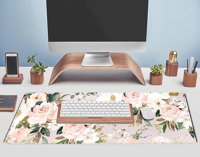 Pink Flowers Keyboard Pad PC Gaming Desk Mat Desk Mouse Pads Green Leaves Floral Mouse Pad Large, Computer XL Big Mousepad Deskpad Mat with Stitched Edge for Women Home Office Decor 31.5x11.8 in - Image 5