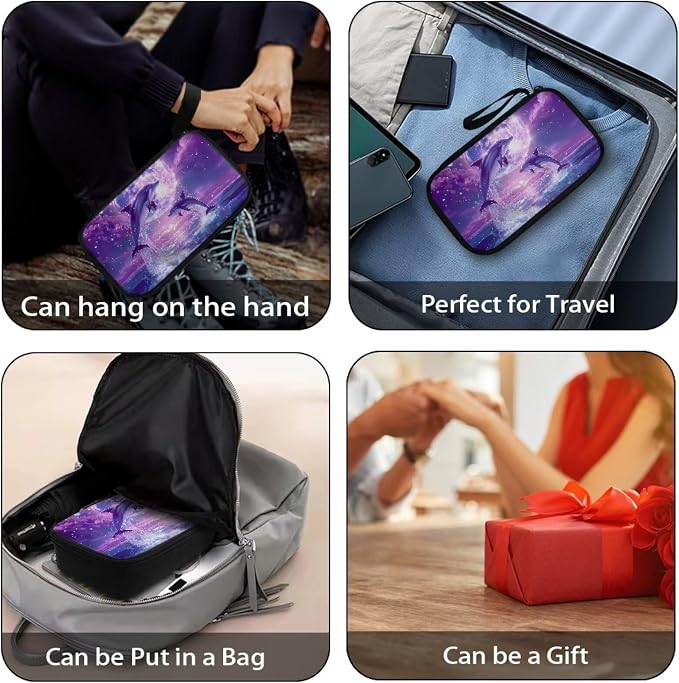 Purple Moonlight Dolphin Print Storage Pouch - Earphone, Cable Organizer, Power Bank & Data Cables Storage, Headset Organizing Multipurpose Bags - Image 6