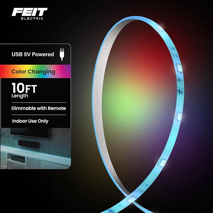 Feit Electric 10ft Color LED Tape Light, Dimmable, RGB Color with Remote Control, Cut-to-Fit Design, 5V USB-Powered Display Lighting, Indoor Use Only, 25,000-Hour Lifetime, TAPE120/RGB/USB - Image 8