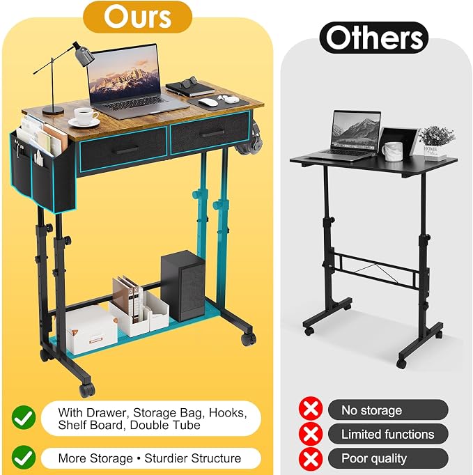 Small Rolling Standing Desk, Height Adjustable Mobile Sturdy Desk with 2 Fabric Drawers & Storage Shelf, Portable Sofa Side Laptop Table for Home Office, Small Spaces, 31.41"" x 15.74"", Rustic Brown - Image 8