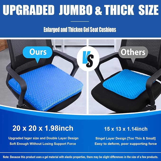 20" Gel Seat Cushion for Long Sitting Pressure Relief(Jumbo&Thick) - Wheelchair Cushion for Pressure Sores - Back, Sciatica & Tailbone Pain Relief Cushion- Non-Slip Butt Pillow for Office, Home, Car - Image 2