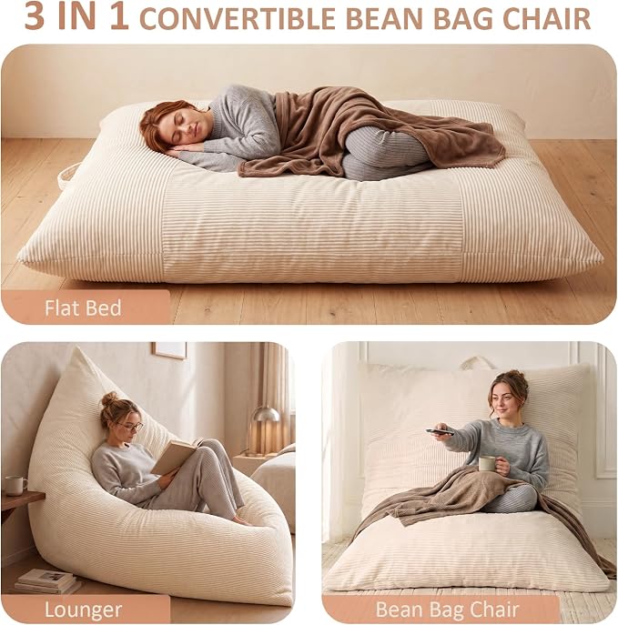 HUGHEAVEN Giant 3-in-1 Bean Bag Chair (76"x55") Oversized Floor Sofa Couch | Comfortable giant floor cushion with back support for adults. Washable cover memory foam lounge sofa for movie nights. - Image 4