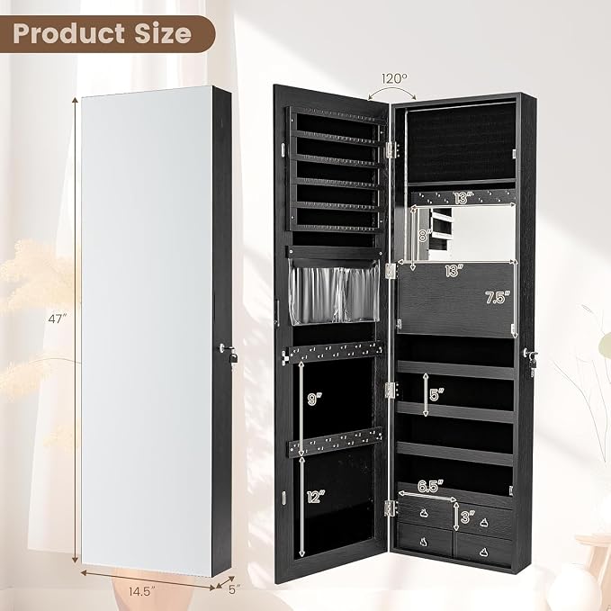 LDAILY 47” LED Jewelry Armoire, Door/Wall Mounted Mirror with Storage, 4 Shelves, 4 Drawers, Full Length Mirror & Flip-up Makeup Tray, Lockable Jewelry Organizer Cabinet for Women & Girls, Gift(Black) - Image 3