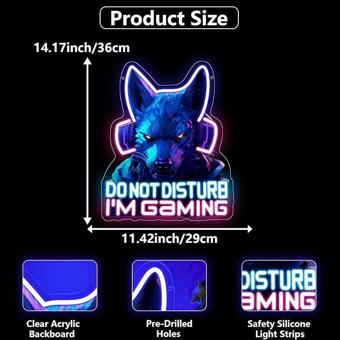 Gamer Neon Sign,Game Wolf Neon Signs for Gaming Room Decor,Do Not Disturp I'm Gaming Neon Sign for Game Wall Decor,Game Neon Sign for Teen Boy Room Decor Gifts,Gamer Gifts - Image 2