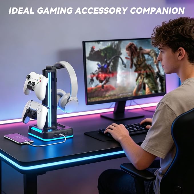 KDD RGB Gaming Headphone and Controller Stand with 2 Type-C and 1 USB Ports | Headset Stand with 9 Light Modes, Headset Holder for Desk, Controller Headphone Holder, For Gift PC Gaming Room Accessories - Image 8