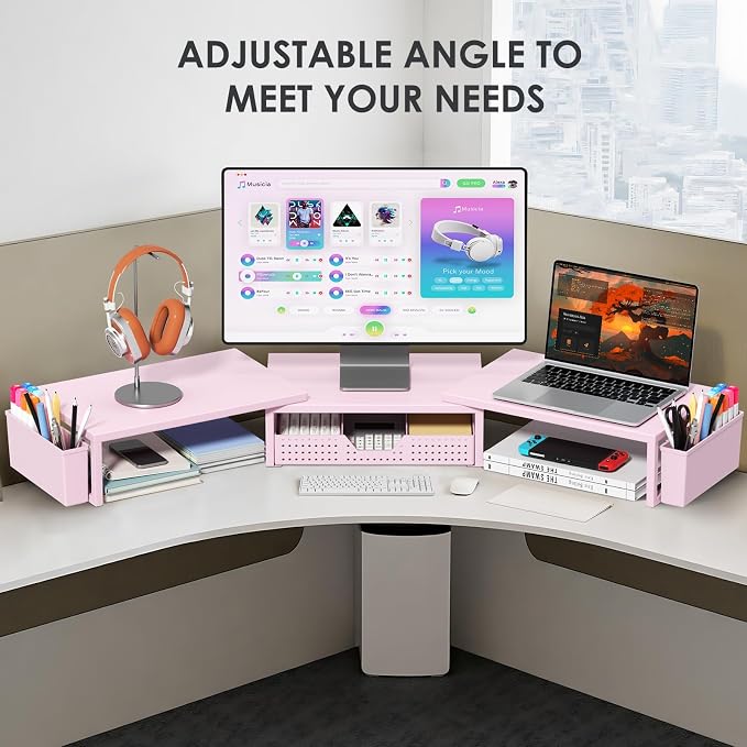 OPNICE Desk Organizers and Accessories, Dual Monitor Stand Riser with Drawer and 2 Pen Holders, Desk Shelf Computer Racks for Office Workspace Organizers, Desktop Organization (Pink) - Image 6