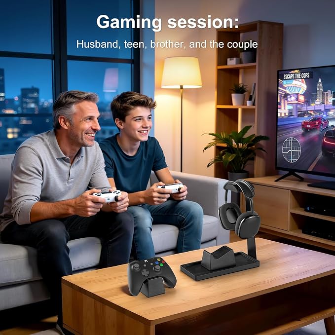 UPERGO Headphone and Headset Stand with Controller Holders Gamer Gifts | Solid Wood, Holds 2 Controllers, Storage Tray for Gaming Room Decor, Compatible with PS5 and Xbox - Image 7