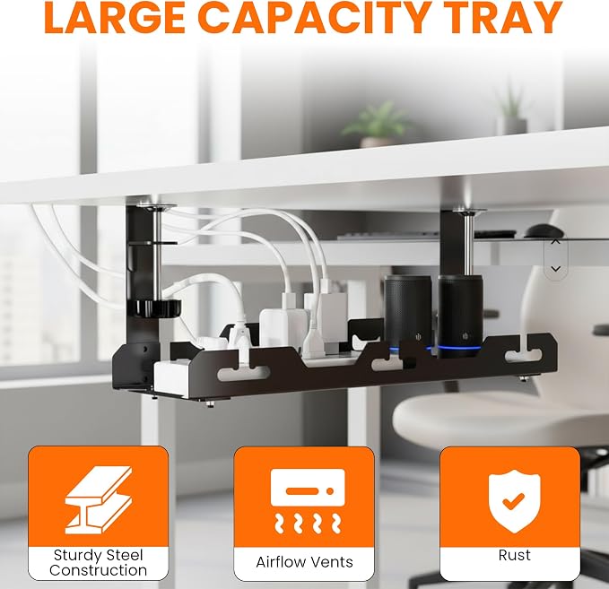 17'' Super Sturdy Cable Tray Under Desk Cord Organizer Standing Desk Cable Management System Large Power Strip Holder Cord Basket With Clamp for Wire Management Rack Office, Home, No Drill & Damage - Image 3