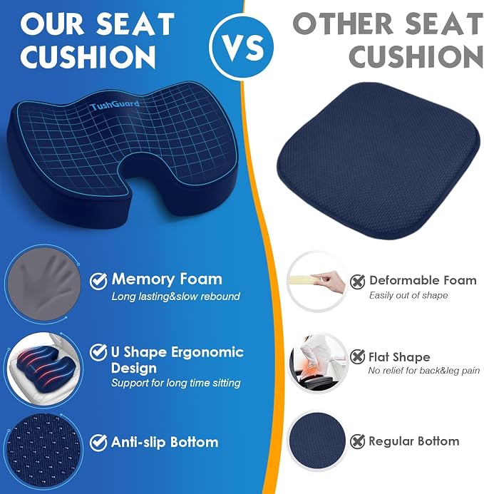 TushGuard Seat Cushion for Office Chair, Car, Memory Foam, Blue Large | For Back, Coccyx, Sciatica, Tailbone Pain, Ergonomic Design, Non-Slip, Desk Wheelchair Use, Supportive Butt Pillow, For Man - Image 4